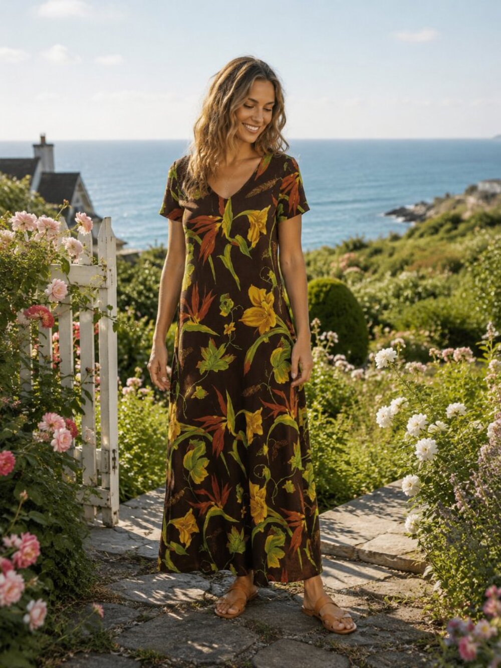 Vtg 90s K.C.  Spencer Brown Floral Tropical Long Midi Dress Grunge usa